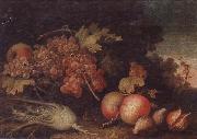 Still lifes of Grapes,figs,apples,pears,pomegranates,black currants and fennel,within a landscape setting